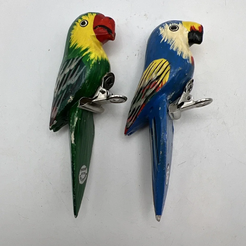 Vintage Hand Painted Carved Wood Parrot Clip On Ornaments Pair Philippines MCM